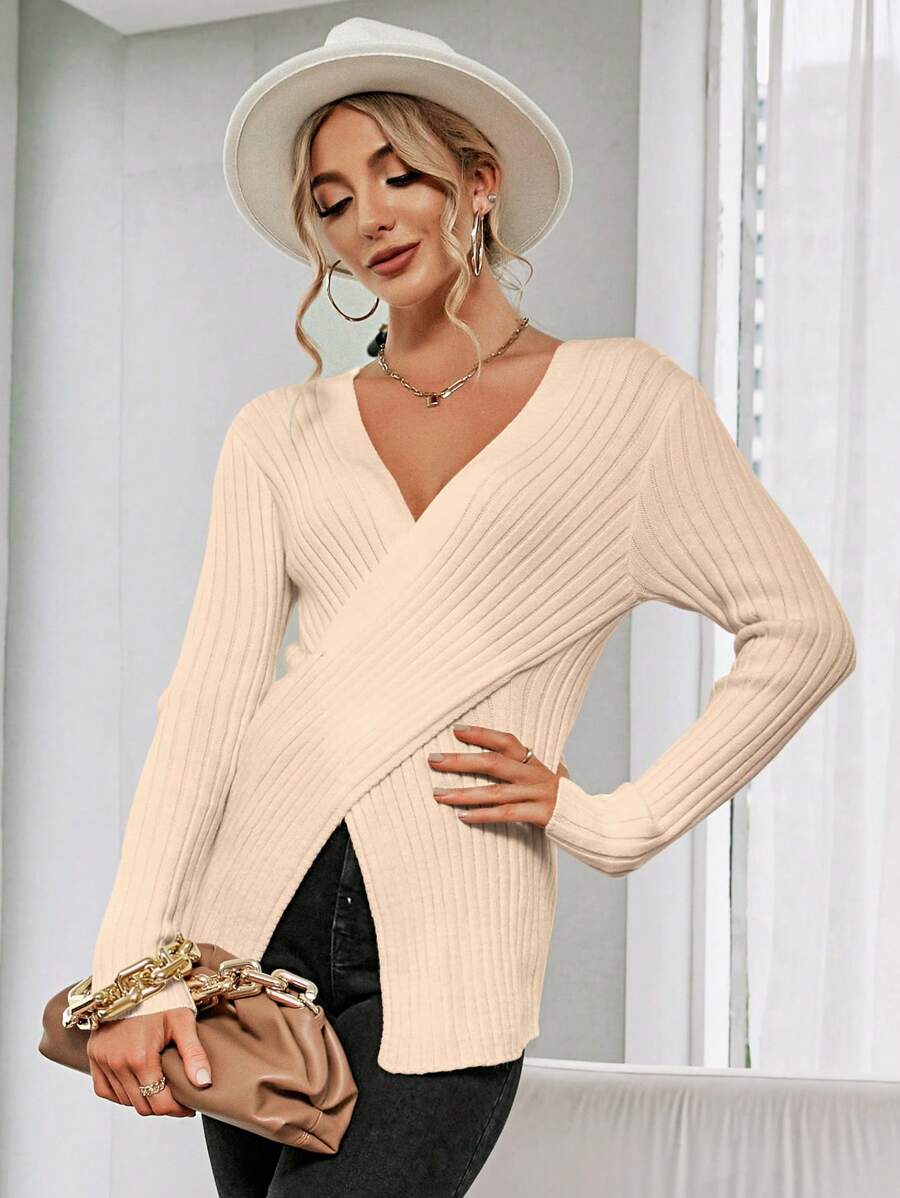 SHEIN Clasi 交叉罗纹针织套头衫秋冬毛衣 - 杏色 - 查看 1