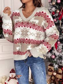 SHEIN Frenchy 秋冬圣诞图案落肩毛衣、长袖上衣 - 彩色 - 查看 4