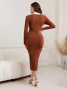 Modelyn 拼接蕾絲邊交疊領緊身毛衣洋裝 - 紅木色 - 查看 2