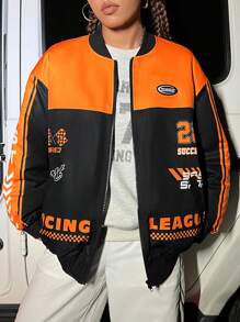 SHEIN Coolane Bikercore Letter Graphic Two Tone Striped Side Zip Up Jacket - Black - View 1