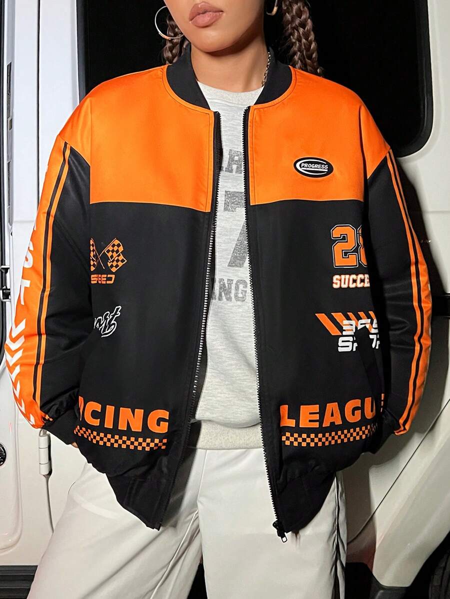 SHEIN Coolane Bikercore Letter Graphic Two Tone Striped Side Zip Up Jacket - Black - View 1