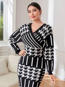 Modelyn Houndstooth Pattern Surplice Neck Sweater Dress Fall Cloth For Women - Black and White - View 4