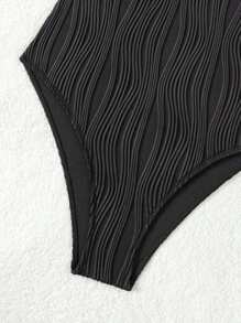 少女純色紋理連身泳衣 - 黑色 - 查看 4