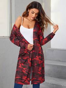 SHEIN LUNE Camo Print Open Front Coat - Red - View 4