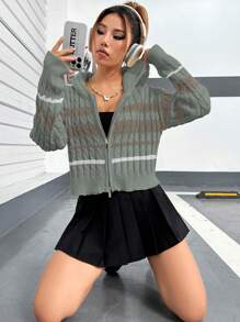 SHEIN Unity Mẫu sọc Dây kéo Xoắn Dan áo có mũ Áo len Mở - Xám - Xem 3