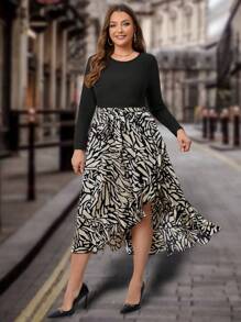 SHEIN Clasi Plus Robe Imprimé Graphique À Volants - Noir et Blanc - Voir 1