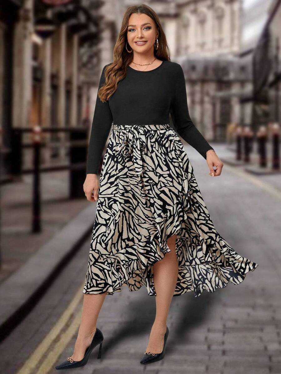 SHEIN Clasi Plus Robe Imprimé Graphique À Volants - Noir et Blanc - Voir 1