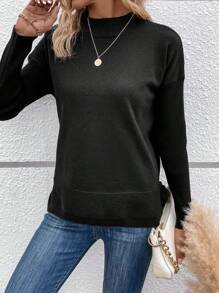 SHEIN LUNE Mock Neck Drop Shoulder Knot Side Knit Pullover Fall Winter Sweater - Black - View 6