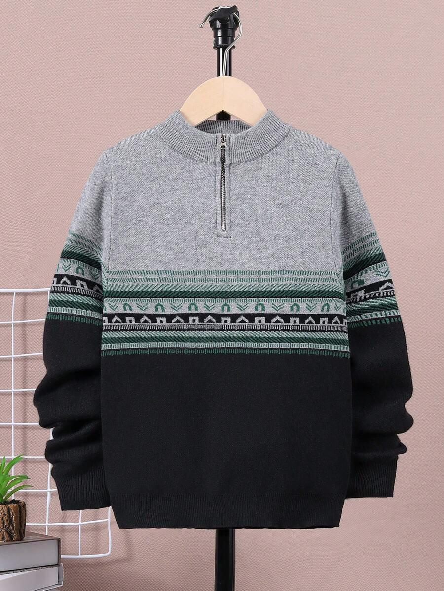 SHEIN Leap Crew Tween Boy Geo Pattern Quarter Zip Sweater - Multicolor - View 1
