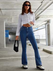 SHEIN ICON Embroidery Detail Flap Pocket Flare Leg Jeans - Medium Wash - View 5