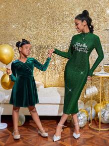 SHEIN Cô gái Tween Chất rắn Nhung Chi tiết bọc Đầm - Màu xanh lá cây đậm - Xem 7