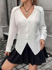 Flirla Plus Blouse Unicolore À Bouton Col En V