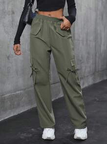 SHEIN Unity Pantalones cargo de mujer de unicolor casual con cordón en la cintura y bolsillo con solapa - Verde militar - Ver 1