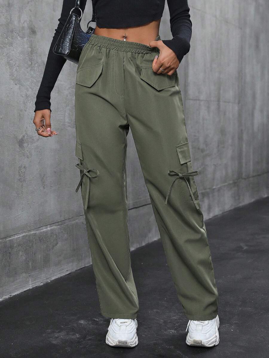 SHEIN Unity Pantalones cargo de mujer de unicolor casual con cordón en la cintura y bolsillo con solapa - Verde militar - Ver 1