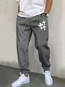 Men Cross Print Drawstring Waist Sweatpants - Dark Grey - View 1