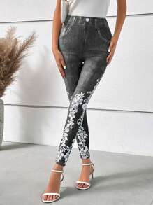 SHEIN LUNE 牛仔效果和印花緊身打底褲 - 黑色 - 查看 1