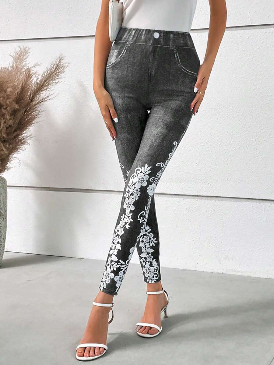 SHEIN LUNE 牛仔效果和印花緊身打底褲 - 黑色 - 查看 1