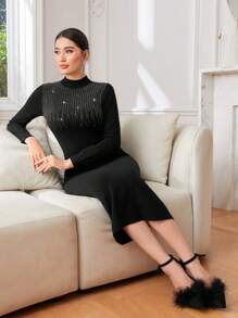 Modelyn Đồ trang trí Rhinestone Cổ giả Đầm Áo len - màu đen - Xem 5