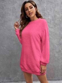 SHEIN LUNE 素色落肩袖絨毛衛衣洋裝 - 玫紅色 - 查看 5