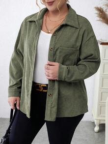 Calvaya Talla grande Camisa de hombros caídos con parche de bolsillo de pana - Verde militar - Ver 5