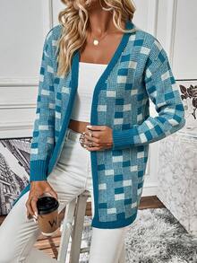 SHEIN Frenchy Hoa văn kẻ sọc Thả vai Áo len Duster - Nhiều màu - Xem 6