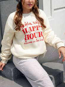 SHEIN EZwear Hơn Giáng sinh Đồ họa Khẩu hiệu Thả vai Áo nỉ - Màu be - Xem 1