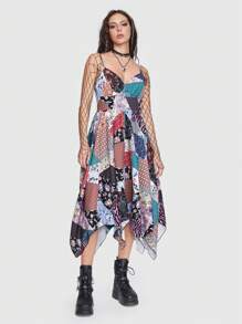 ROMWE Fairycore Patchwork Print Hanky Hem Cami Dress - Multicolor - View 6