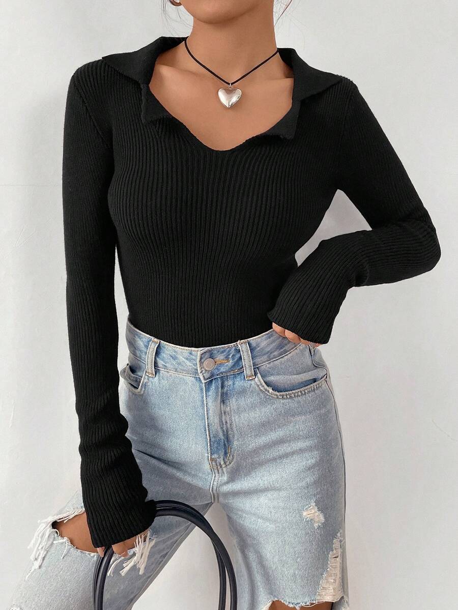 SHEIN Unity Solid Ribbed Knit Sweater - Black - View 1