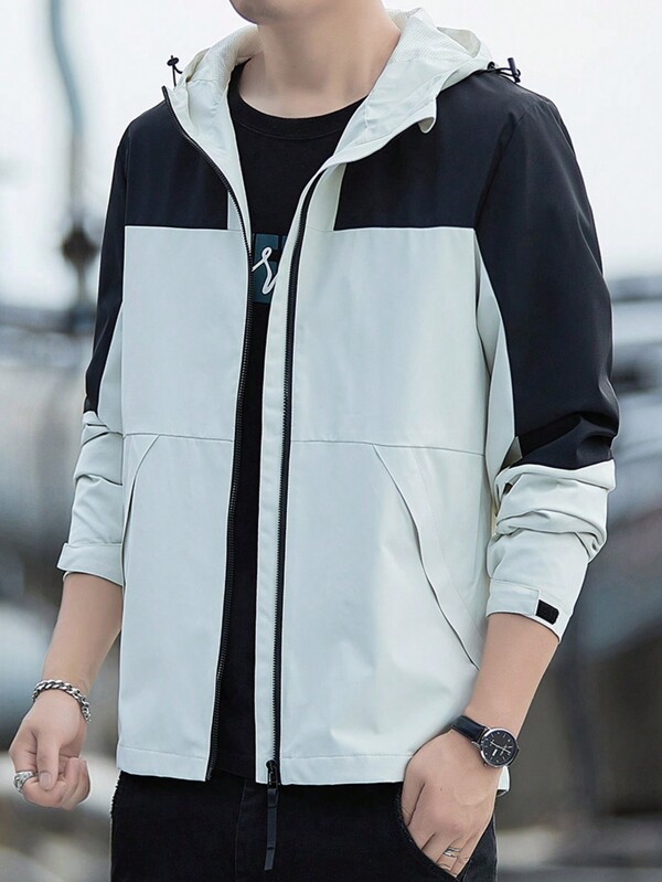 Men Plus Two Tone Zip Up Hooded Jacket