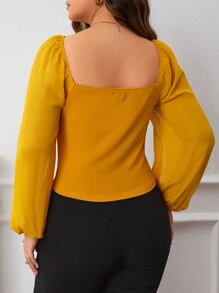SHEIN Privé Plus Square Neck Lantern Sleeve Top - Yellow - View 2