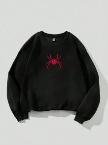 SHEIN EZwear 休闲简约蜘蛛图案印花超大圆领长袖套头运动衫，适合秋冬季，长袖上衣，男女通用 - 黑色 - 查看 1