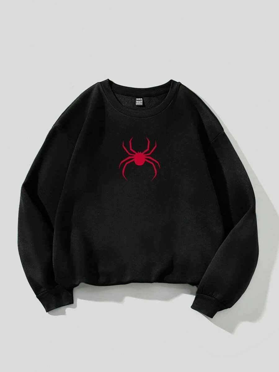 SHEIN EZwear 休闲简约蜘蛛图案印花超大圆领长袖套头运动衫，适合秋冬季，长袖上衣，男女通用 - 黑色 - 查看 1