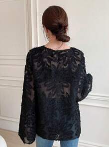 DAZY Solid Sheer Mesh Blouse Without Bra Going Out Tops,Back To School Clothes,Fall Women Clothes Long Sleeve Top - Black - View 2