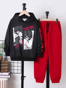 Cậu bé Tween Đồ họa chữ và số Áo Hoodie & Quần thể thao - màu đen - Xem 1