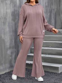 SHEIN LUNE Plus Drop Shoulder Hoodie & Flare Leg Pants - Dusty Pink - View 1