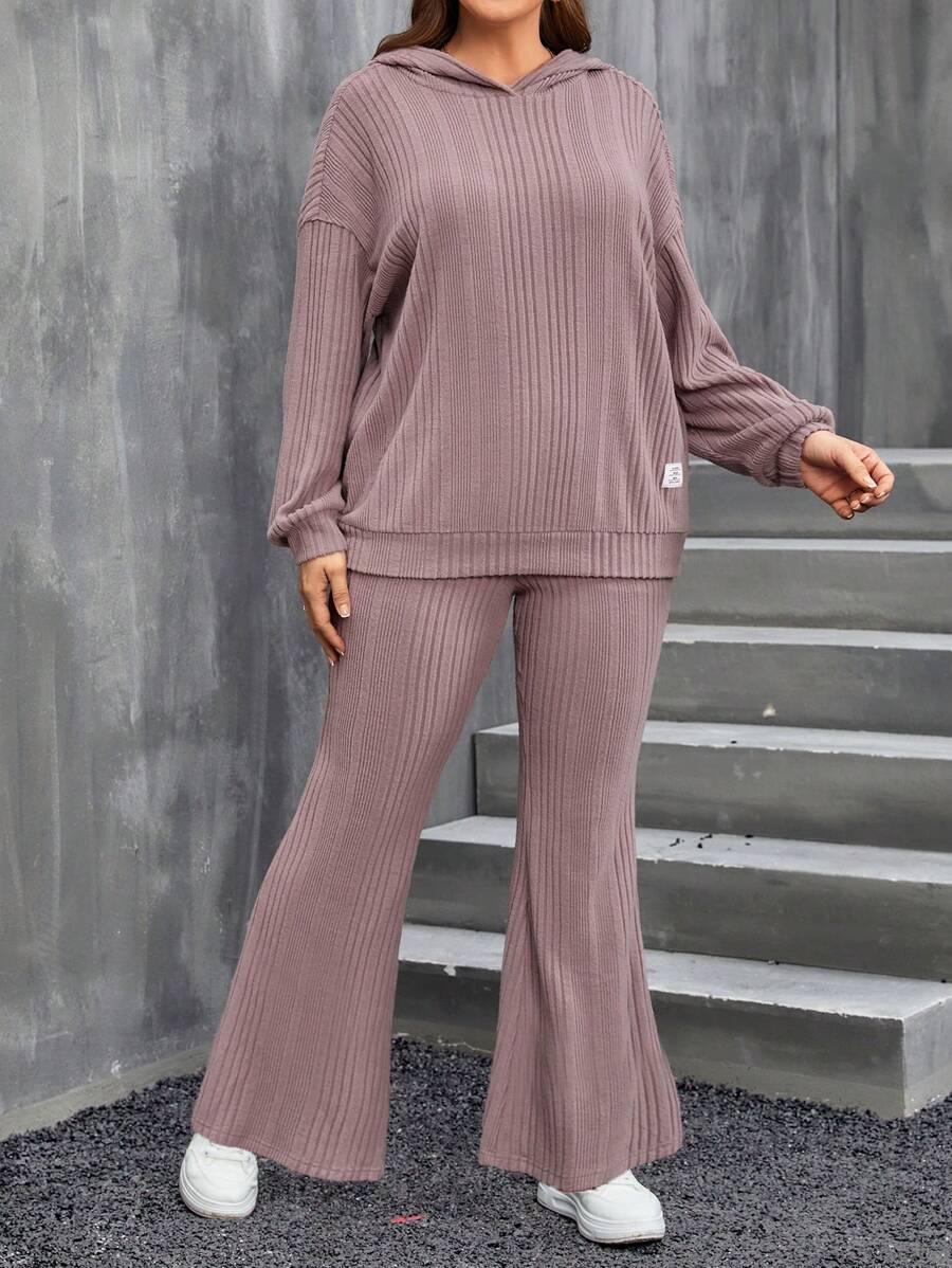 SHEIN LUNE Plus Drop Shoulder Hoodie & Flare Leg Pants - Dusty Pink - View 1