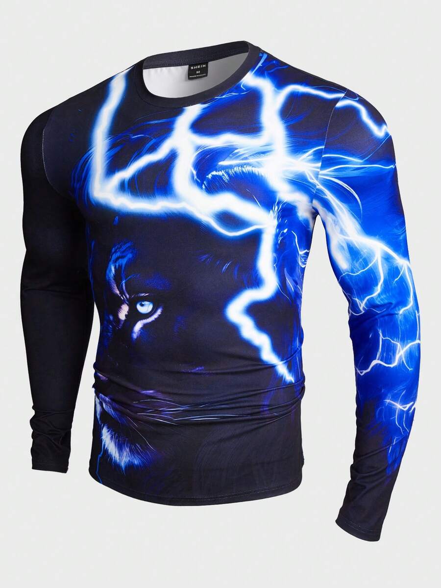 GENTILAND Men Animal & Lightning Print Tee - Navy Blue - View 1