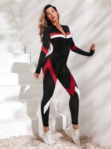 SHEIN Sport Studio Colorblock Zip Up Striped Print Sports Jumpsuit Full