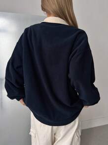 DAZY Letter Graphic Quarter Zip Drop Shoulder Thermal Lined Sweatshirt,Fall Clothes - Navy Blue - View 2