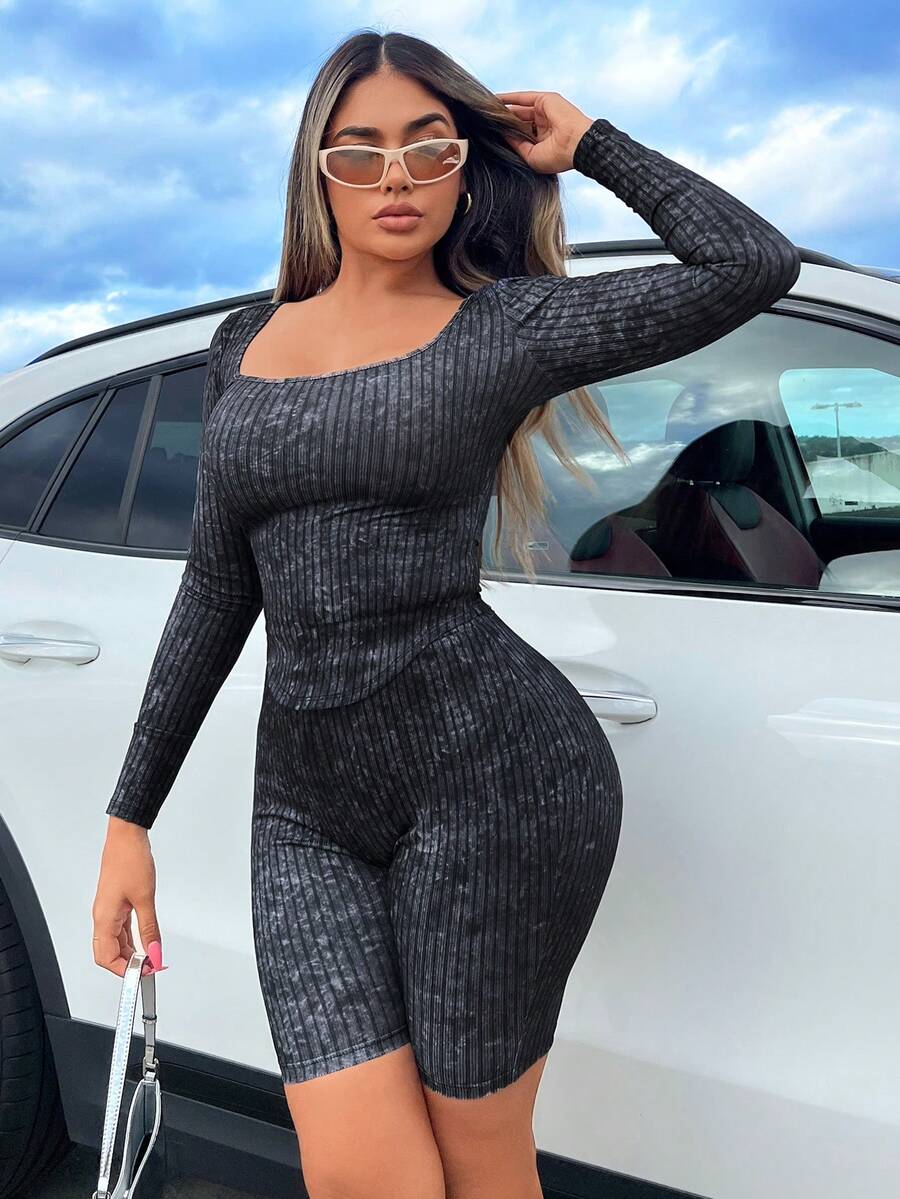 SHEIN SXY 方領條紋針織T恤和機車短褲 - 黑色 - 查看 1