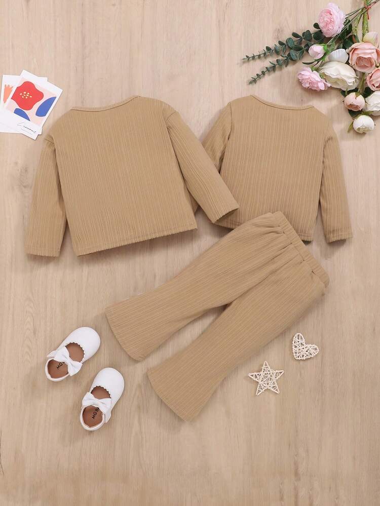 Baby Girl Solid Tee & Split Hem Pants & Button Placket Coat