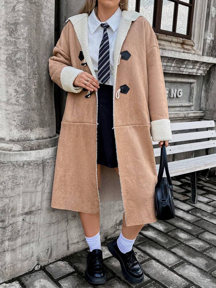 Plus Drop Shoulder Teddy Lined Duffle Hooded Coat