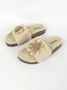Styleloop Women's Flat Heel Furry Slippers - Beige - View 2