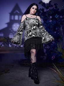 Corpse Bride | ROMWE Plus Allover Cartoon Print Cold Shoulder Flare Sleeve Tee - Black - View 3