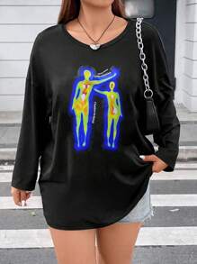 Flirla Hơn Đồ họa Hình & Chữ cái Áo thun Thả vai - màu đen - Xem 6