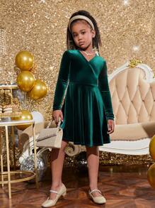 SHEIN Cô gái Tween Chất rắn Nhung Chi tiết bọc Đầm - Màu xanh lá cây đậm - Xem 4