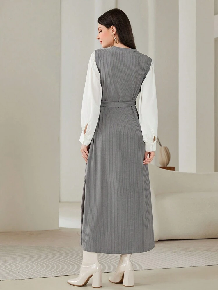 Modelyn Two Tone Belted Dress - Multicolor - View 2