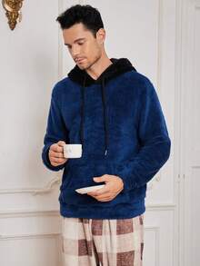 Nam Túi kangaroo Dây rút áo có mũ Flannel Loungewear Top - Màu xanh lam - Xem 6