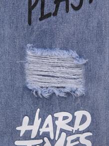 青少年女孩標語圖案破洞牛仔褲 - 淺色水洗藍 - 查看 5