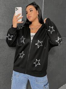 SHEIN EZwear Áo nỉ dáng rộng, họa tiết ngôi sao đính đá, vai rớt, dây rút. - màu đen - Xem 1